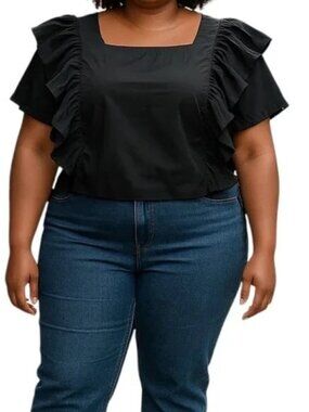 HT 360 Collective Elegant Black Ruffled Open Tie-Back Crop Top 100% Cotton, 2XL